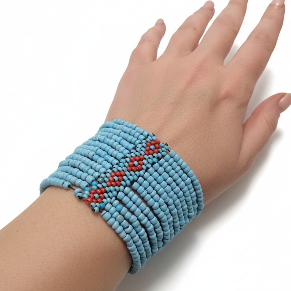 Vintage Blue Seed Bead Cuff Bracelet w Red Stripe Pattern Wide Boho Beaded Wrap